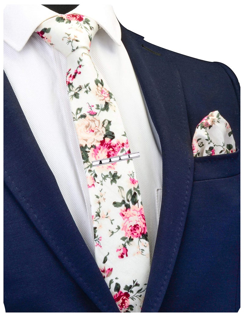 GUSLESON Mens Creamy-white Tie Slim Floral Ties for Men Skinny Cotton Necktie and Pocket Square Sets (0941-09) - Image 3